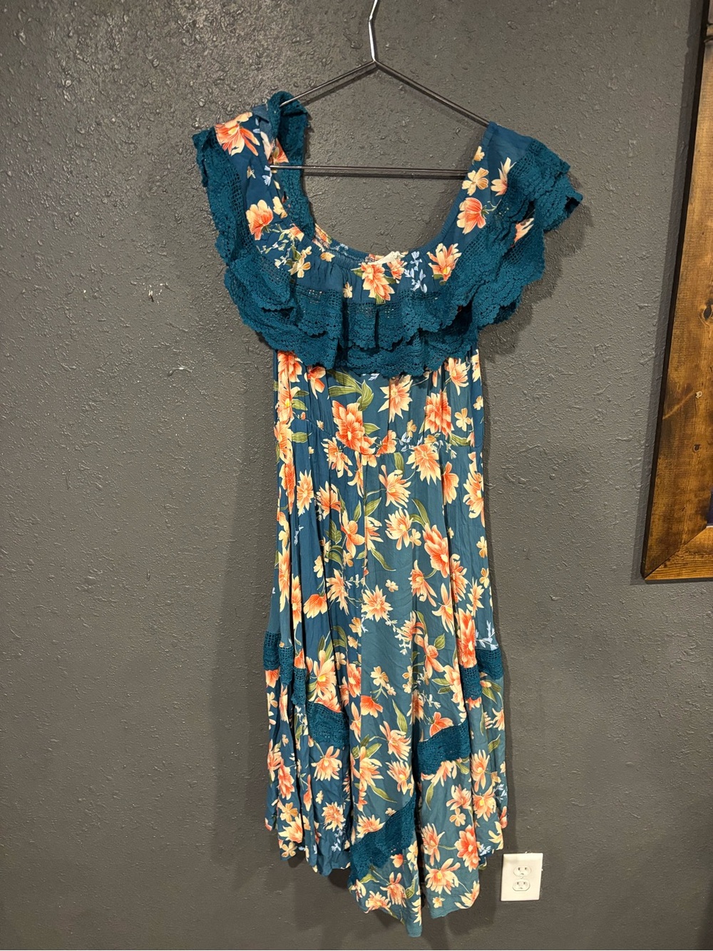 Jaase Teal Floral Off-Shoulder Dress with Lace
